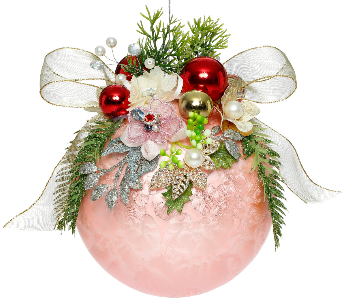 Glob din sticlă cu flori și bijuterii, roz/multicolor, 15 cm