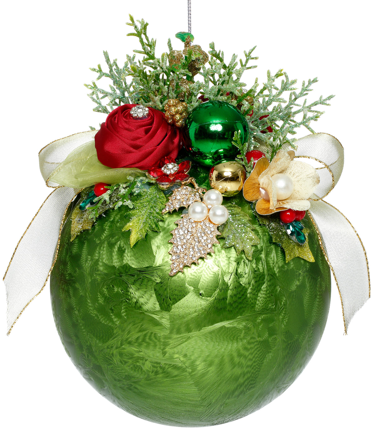 Glob din sticlă cu flori și bijuterii, verde/multicolor, 15 cm