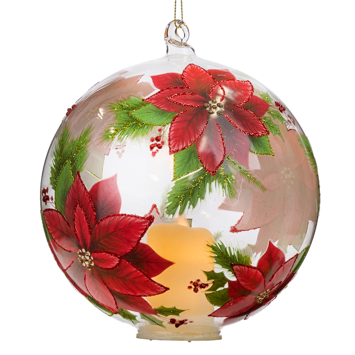 Glob din sticlă cu LED, lumânare și crăciuniță, transparent/roșu, 15 cm