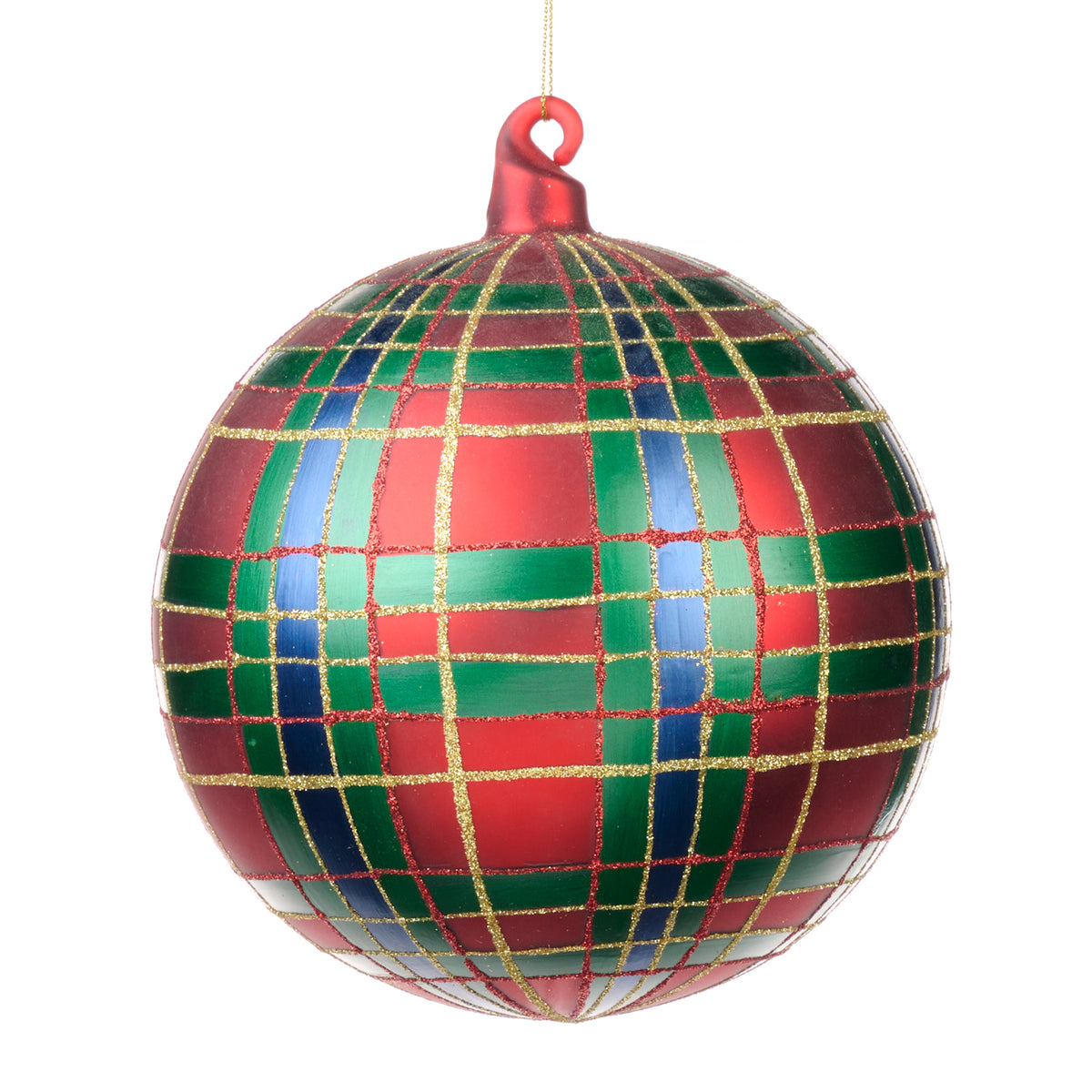 Glob din sticlă cu sclipici și model tartan, roșu/verde/albastru/auriu, 15 cm