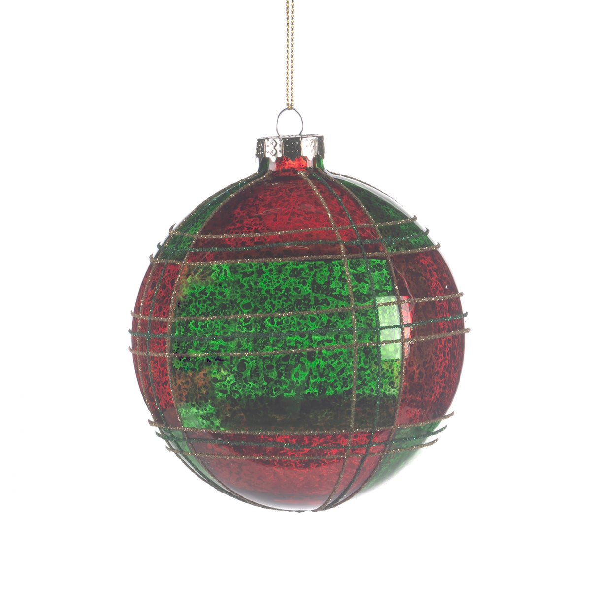 Glob din sticlă cu sclipici și plasă tartan, verde/roșu, 10 cm