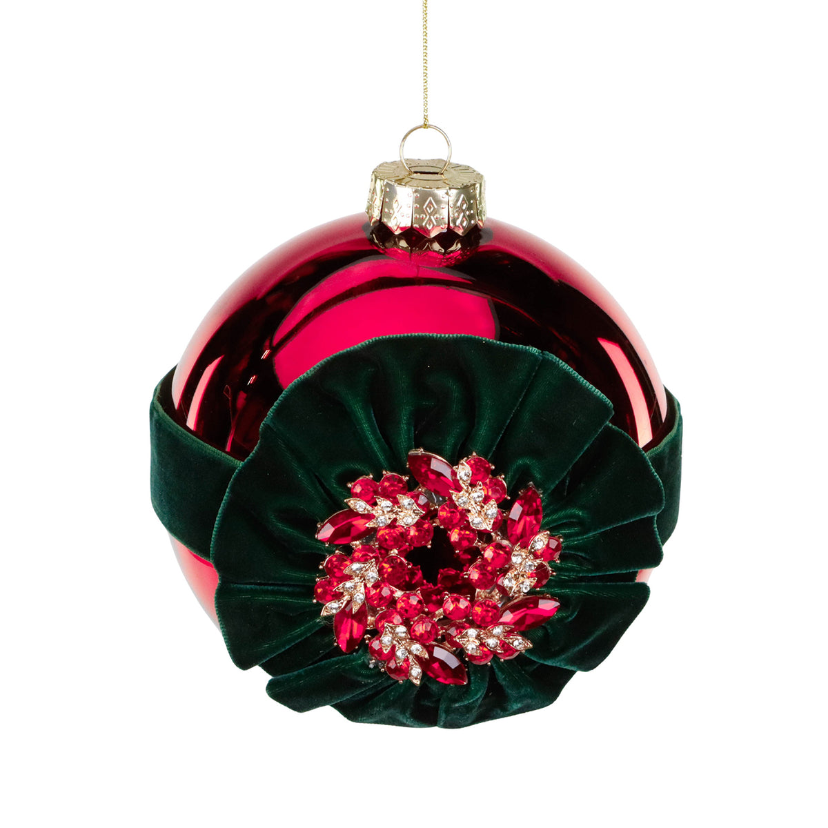 Glob din sticlă și textil cu volănașe și pietre, roșu/verde, 12 cm
