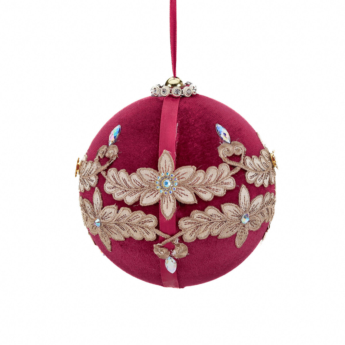 Glob din textil cu dantelă și pietre, burgund/auriu, 13 cm