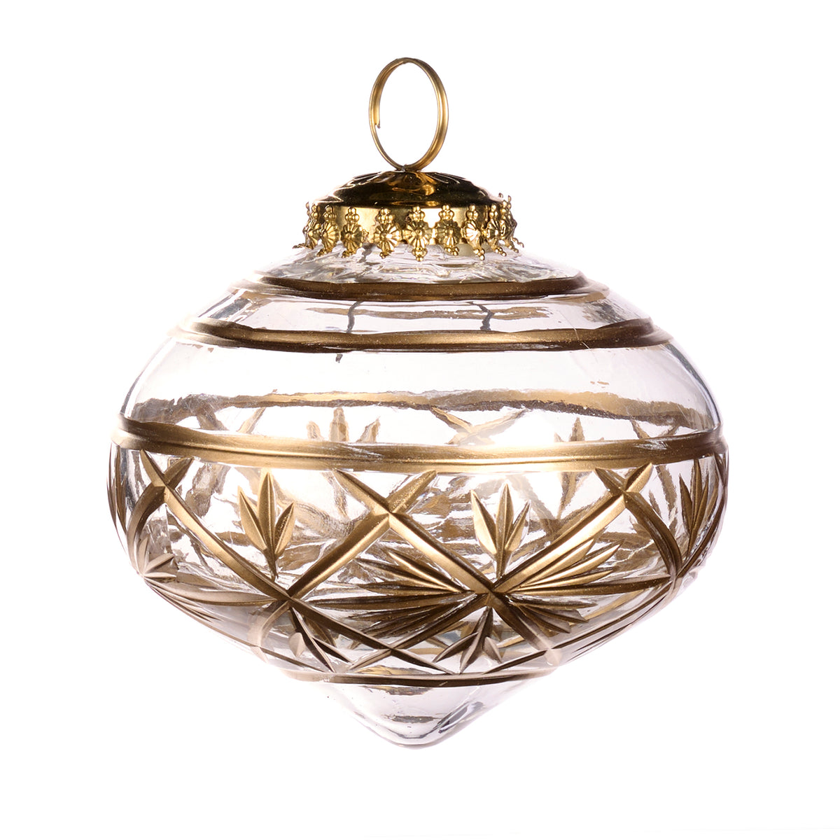 Glob în formă de ceapă din sticlă cu capac metalic, gravat cu stea și plasă, transparent/auriu, 10 cm