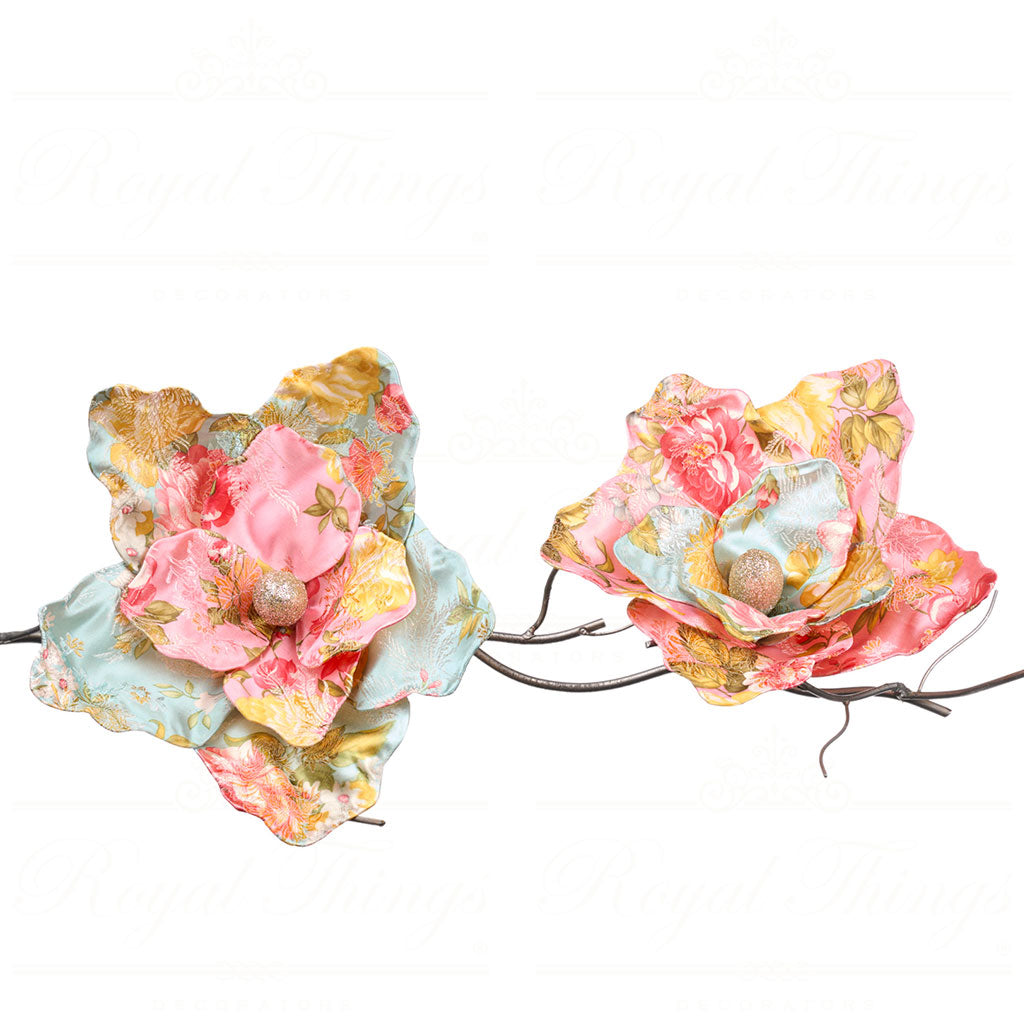 Set 2 Flori din tesut cu imprimeu floral roz/albastru 40 cm