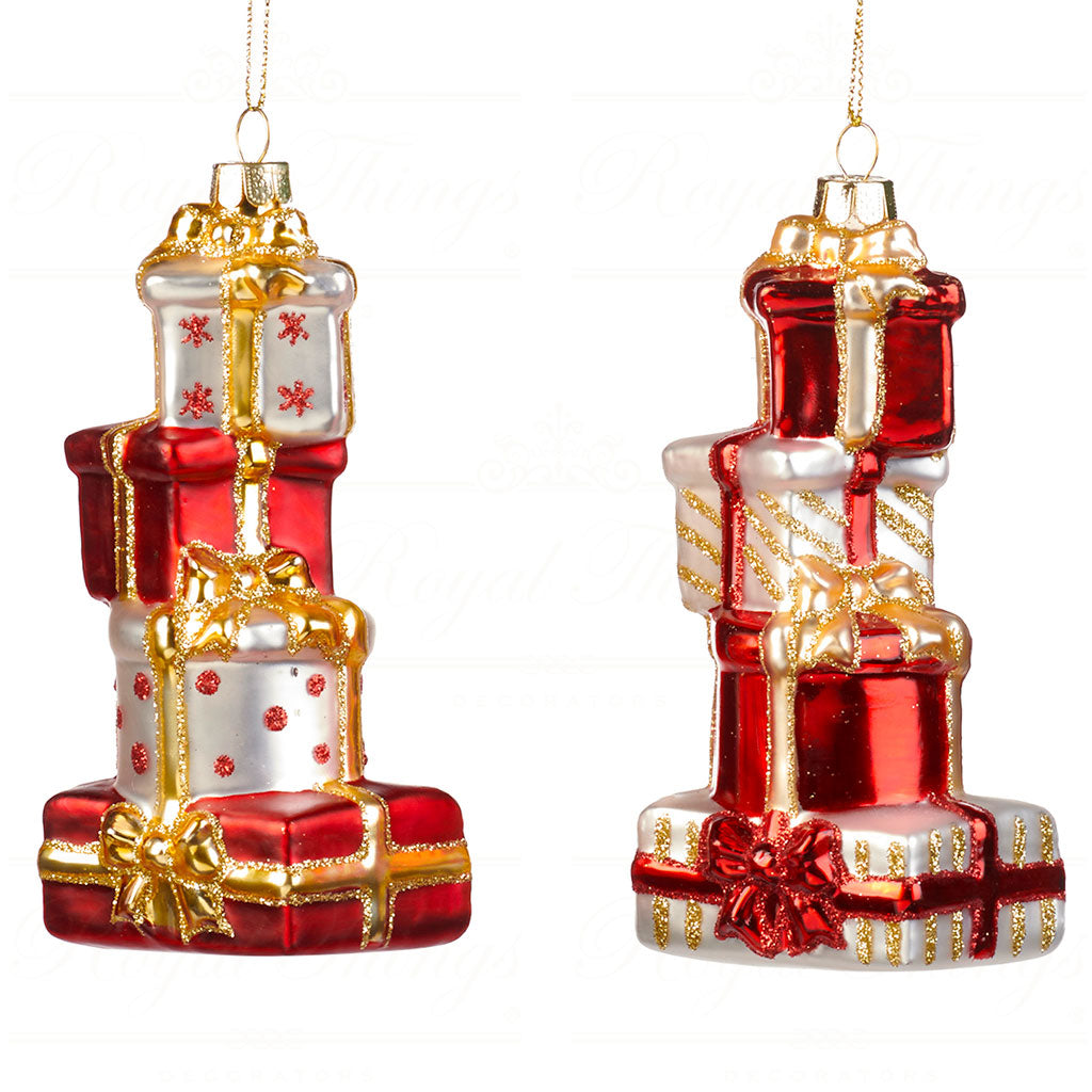 Set 2 Globuri tip cutiute cadouri suprapuse , rosu/alb/auriu 12cm