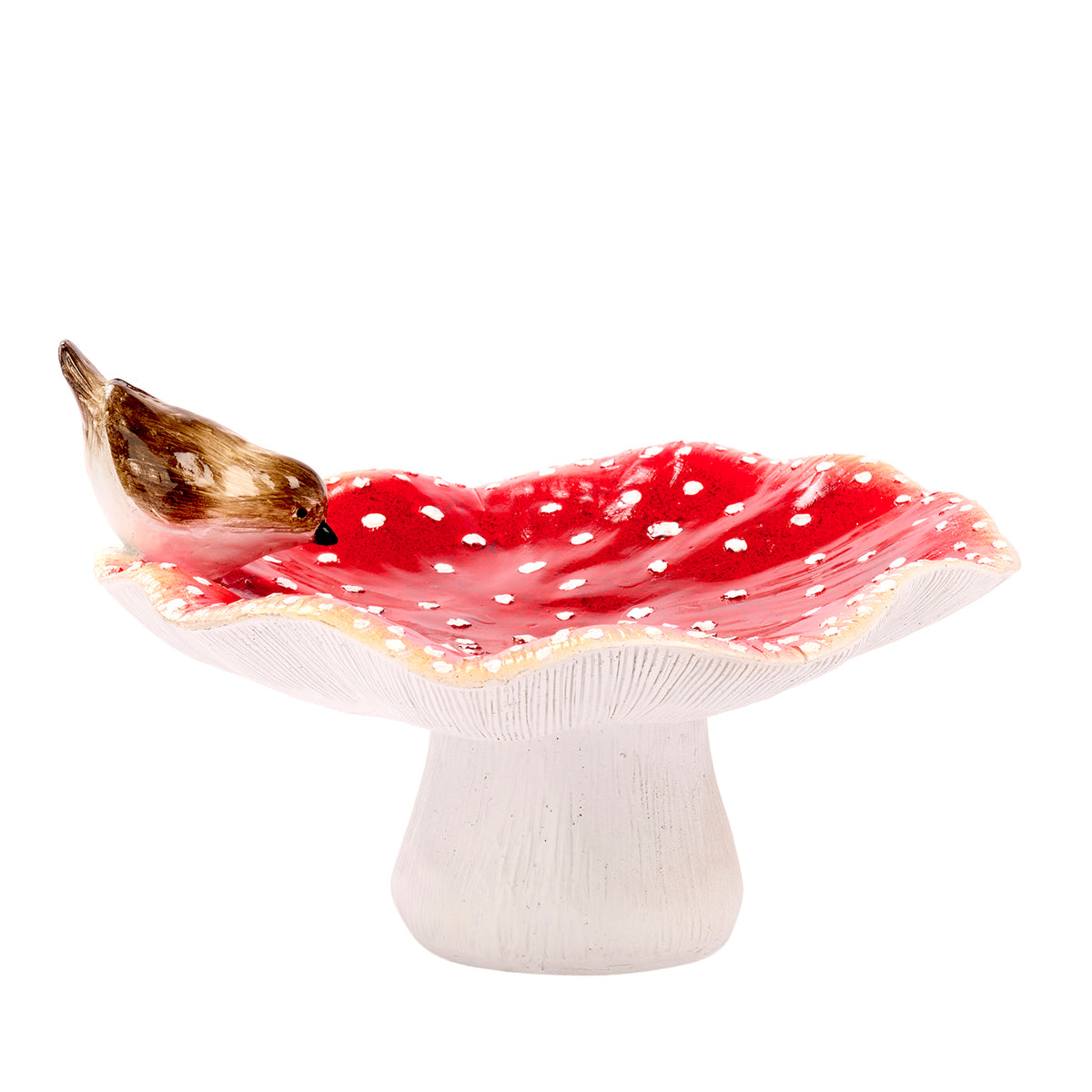 Hrănitor decorativ pentru păsări în formă de ciupercă, cu pasăre, roșu/alb, 25 cm