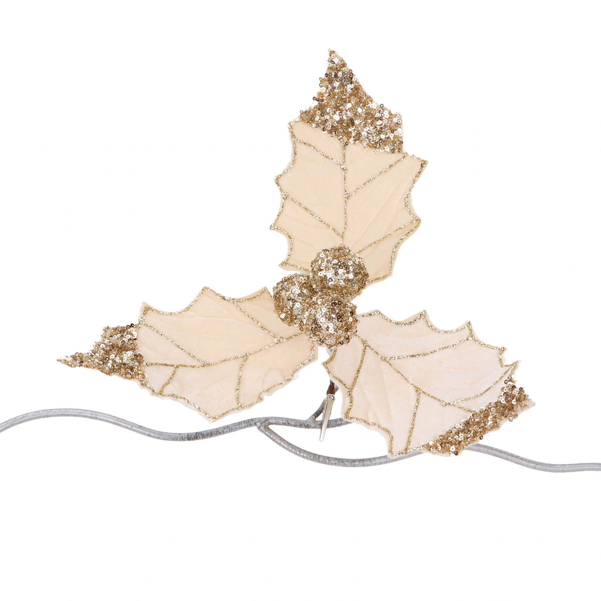 Ilice cu fructe de pădure și frunze din paiete, din textil, pe clemă, crem/auriu, 32 cm