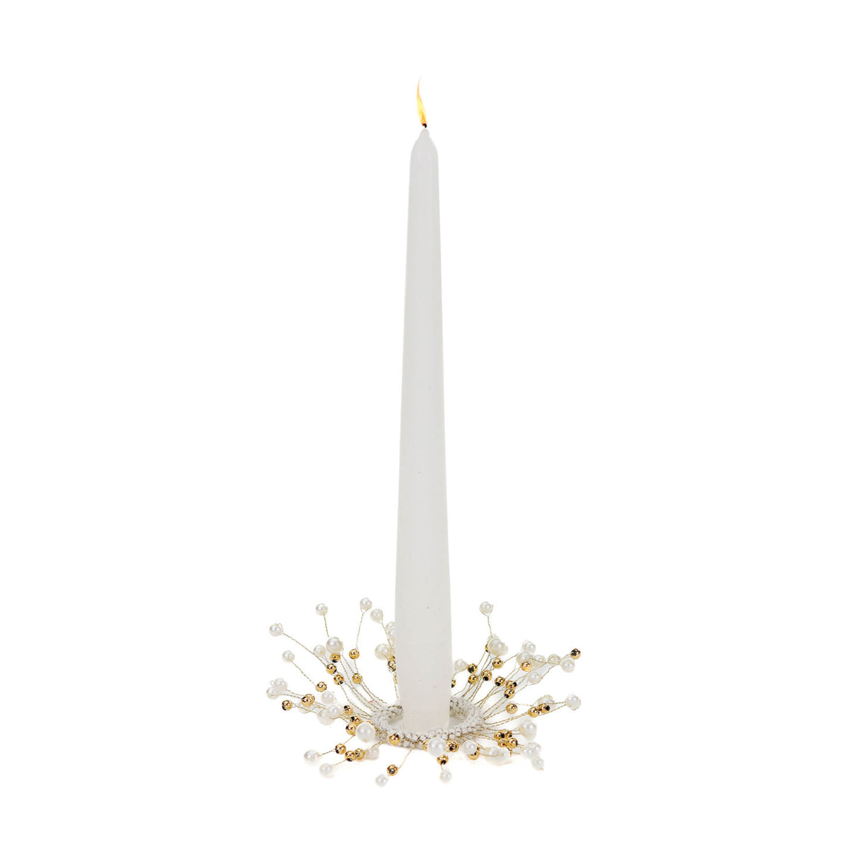 Inel pentru lumânare din sârmă metalică cu perle și mărgele, auriu/crem, 18 cm