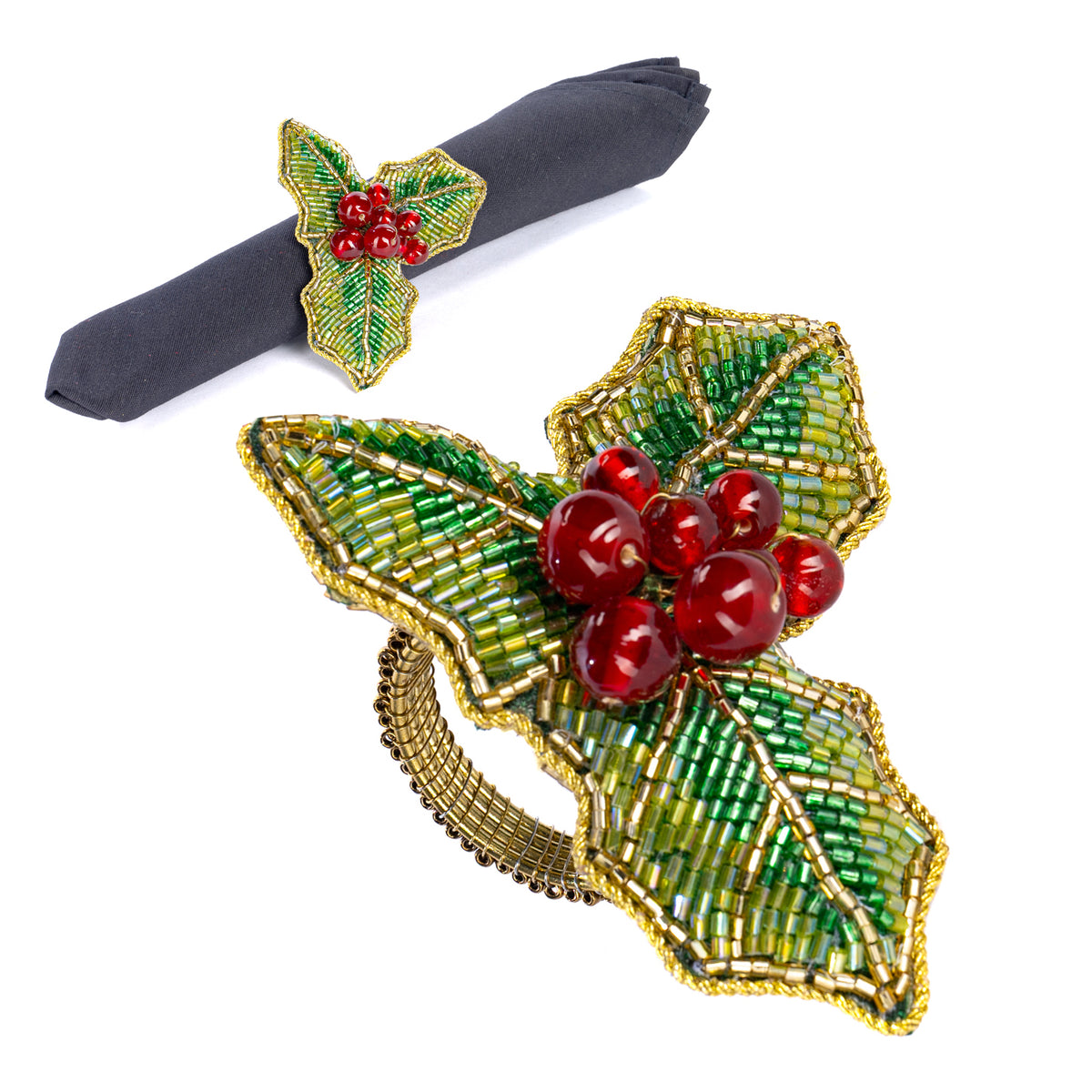 Inel pentru șervețel cu mărgele, ilice și bobițe, verde/roșu, 8 cm