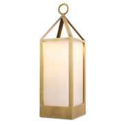 Lampă de masă de exterior Riserva L, finisaj alamă antichizată, sticlă albă