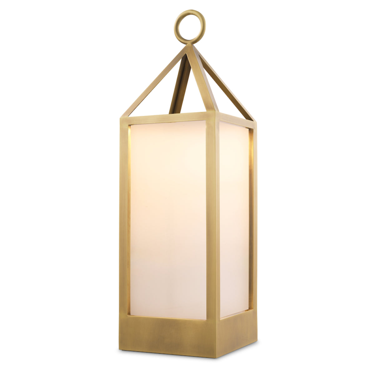 Lampă de masă de exterior Riserva L, finisaj alamă antichizată, sticlă albă