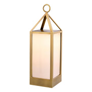 Lampă de masă de exterior Riserva L, finisaj alamă antichizată, sticlă albă