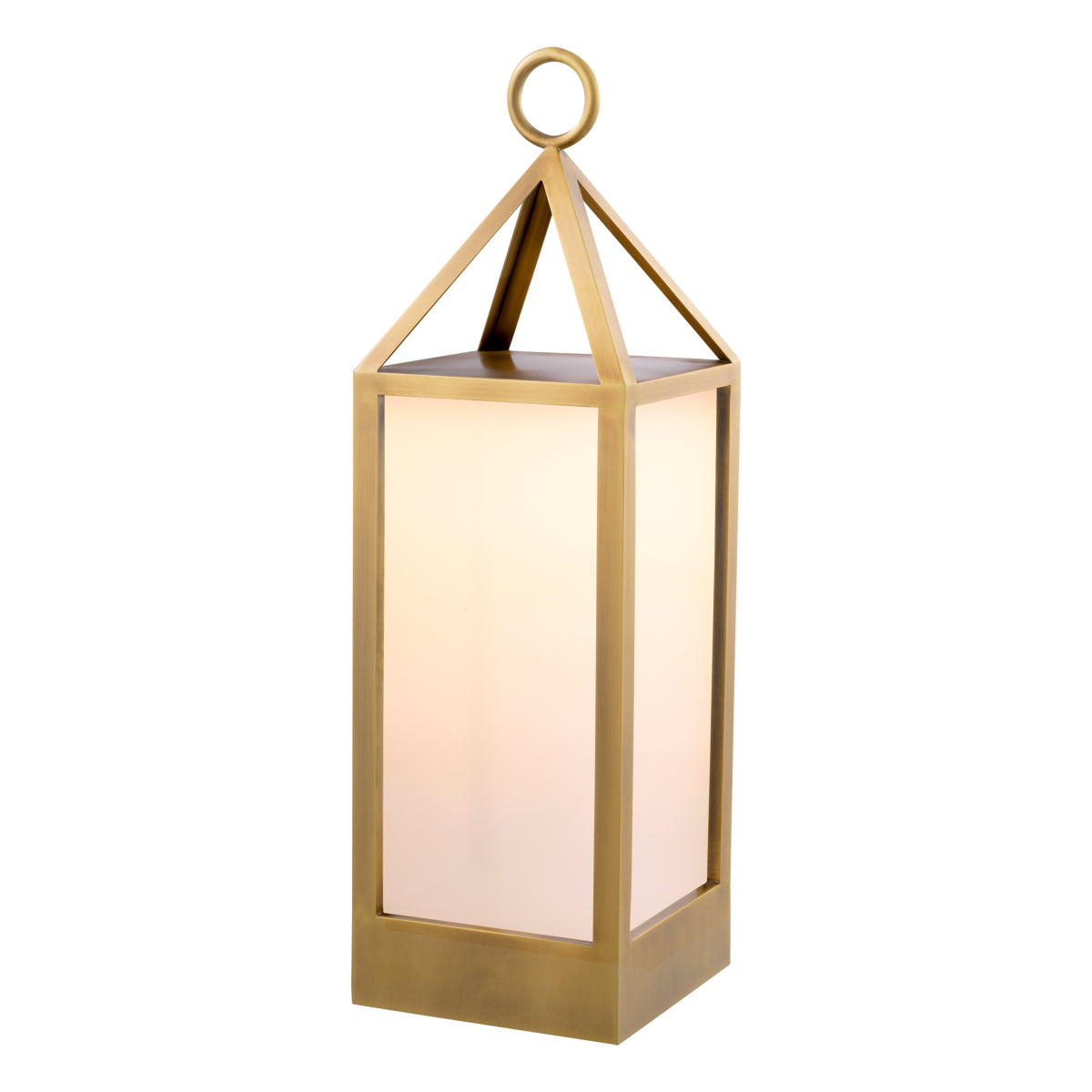 Lampă de masă de exterior Riserva L, finisaj alamă antichizată, sticlă albă