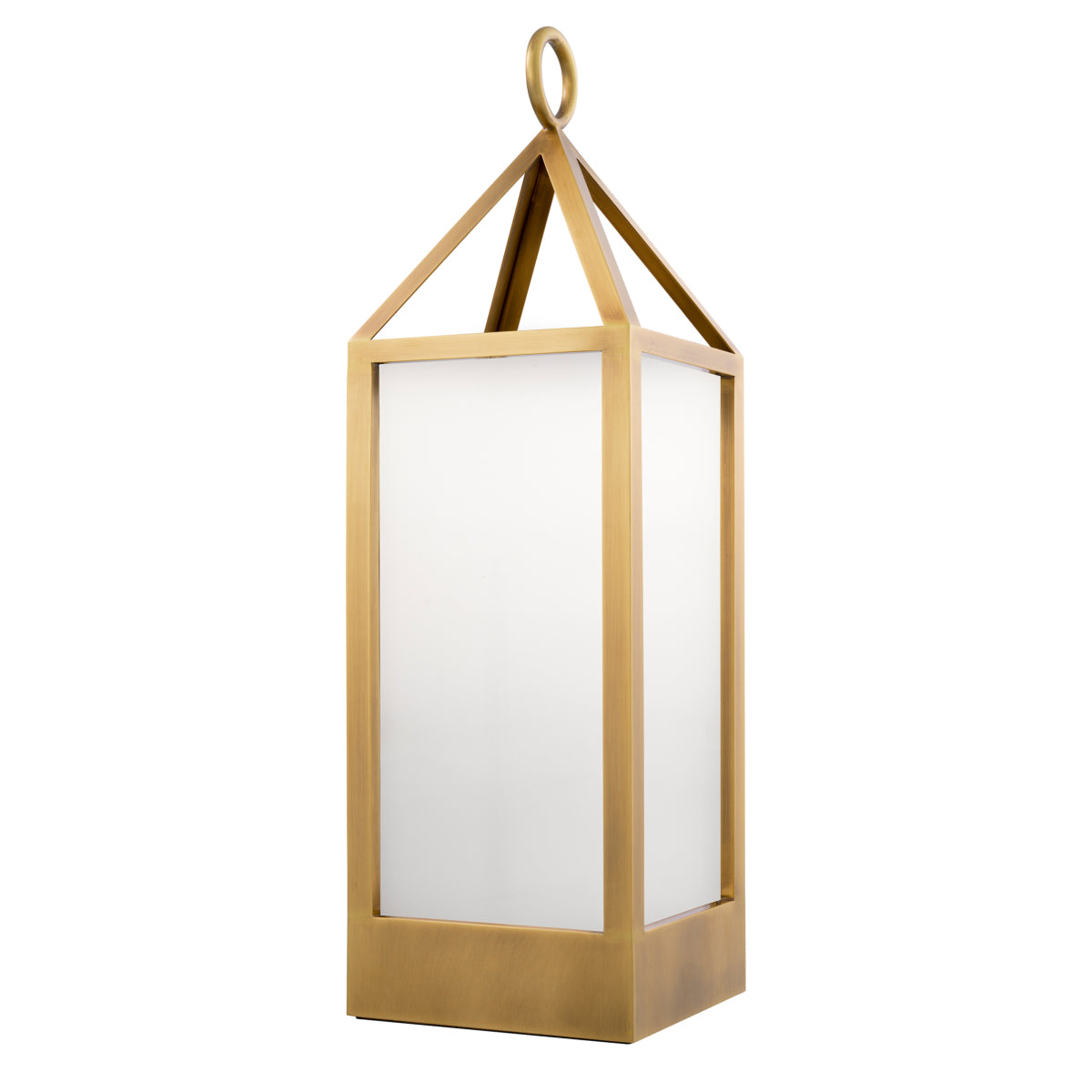Lampă de masă de exterior Riserva L, finisaj alamă antichizată, sticlă albă