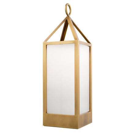 Lampă de masă de exterior Riserva L, finisaj alamă antichizată, sticlă albă