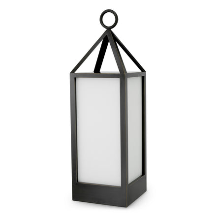 Lampă de masă de exterior Riserva L, finisaj bronz cu reflexe, sticlă albă
