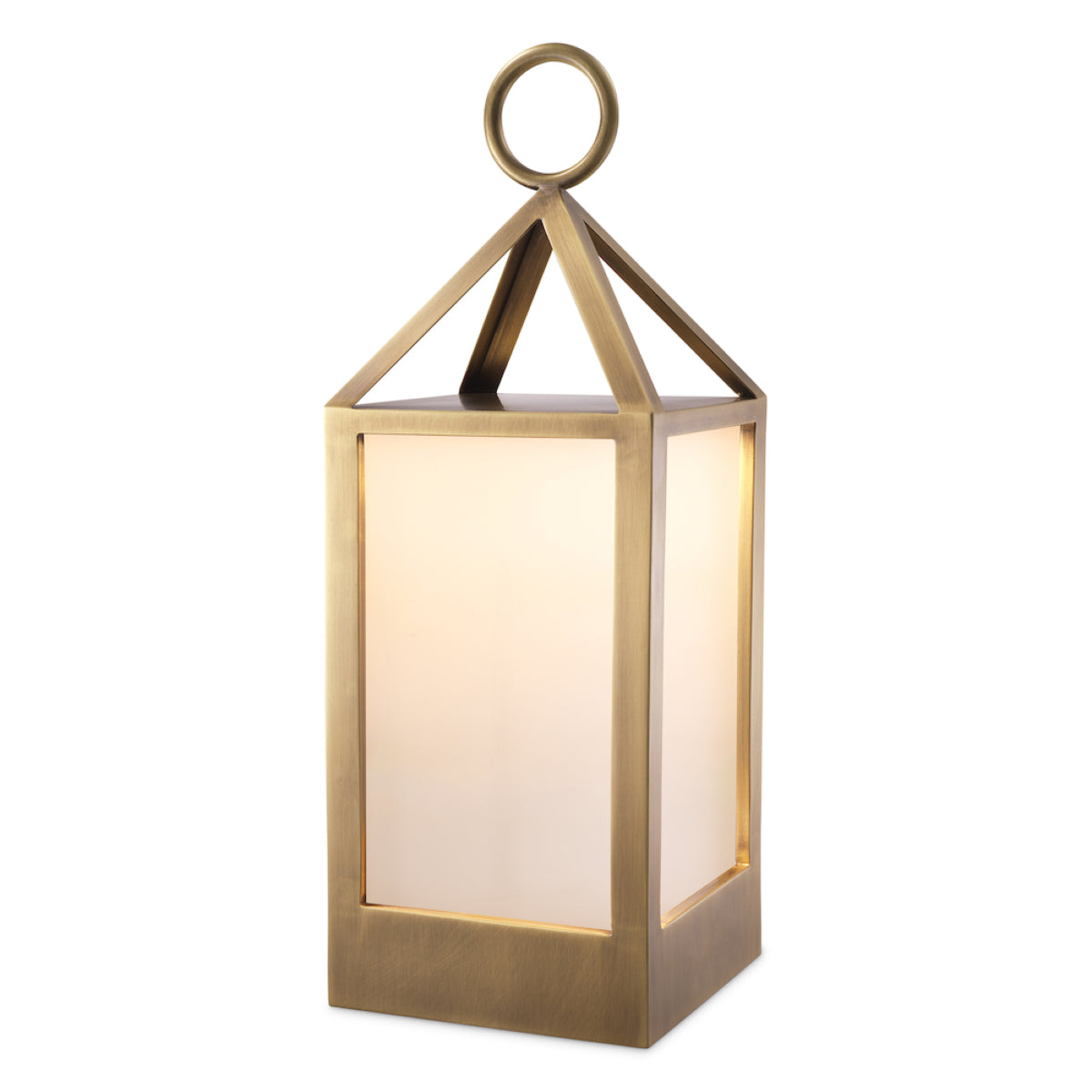 Lampă de masă de exterior Riserva S, finisaj alamă antichizată, sticlă albă