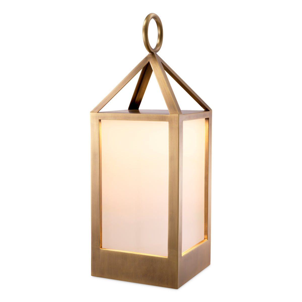 Lampă de masă de exterior Riserva S, finisaj alamă antichizată, sticlă albă