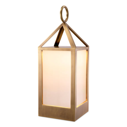 Lampă de masă de exterior Riserva S, finisaj alamă antichizată, sticlă albă