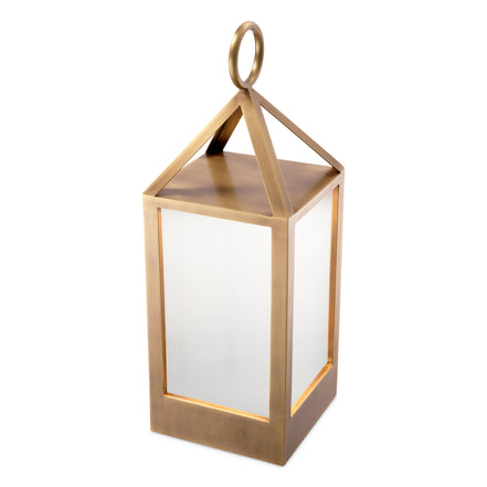 Lampă de masă de exterior Riserva S, finisaj alamă antichizată, sticlă albă