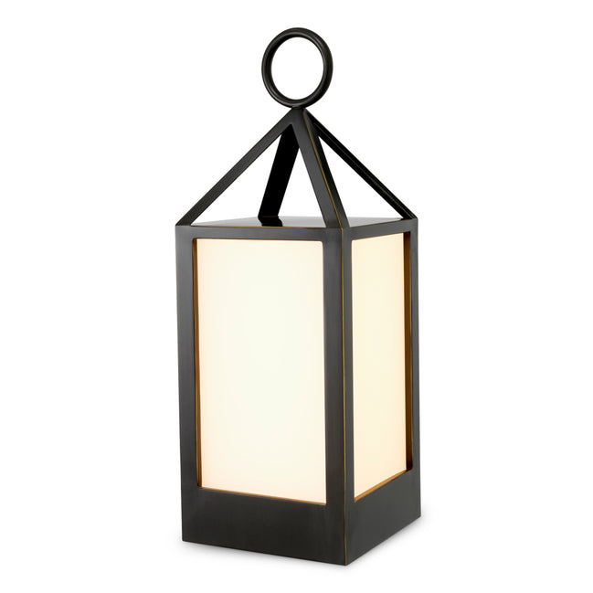 Lampă de masă de exterior Riserva S, finisaj bronz cu reflexe, sticlă albă