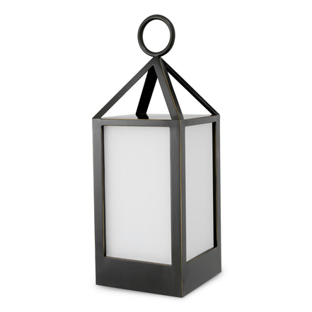 Lampă de masă de exterior Riserva S, finisaj bronz cu reflexe, sticlă albă