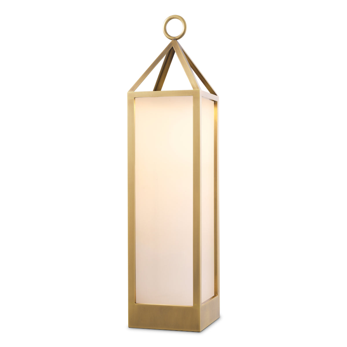 Lampă de masă de exterior Riserva XL, finisaj alamă antichizată, sticlă albă