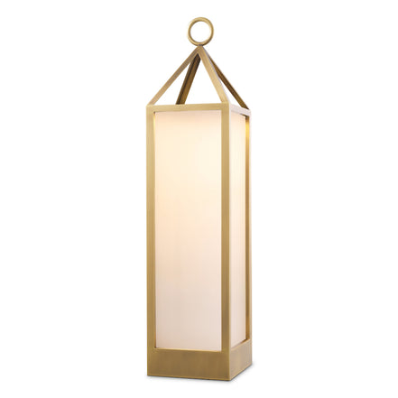 Lampă de masă de exterior Riserva XL, finisaj alamă antichizată, sticlă albă