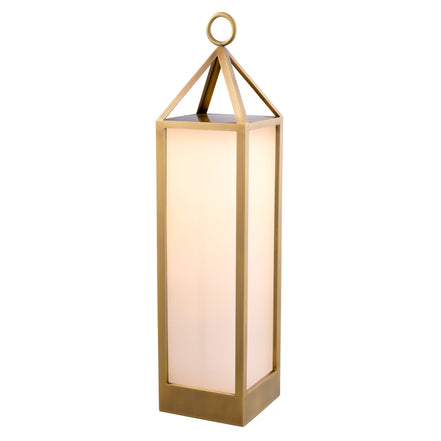 Lampă de masă de exterior Riserva XL, finisaj alamă antichizată, sticlă albă