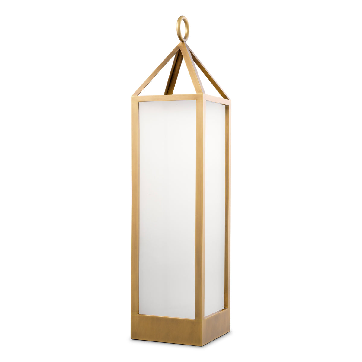 Lampă de masă de exterior Riserva XL, finisaj alamă antichizată, sticlă albă