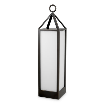 Lampă de masă de exterior Riserva XL, finisaj bronz cu reflexe, sticlă albă