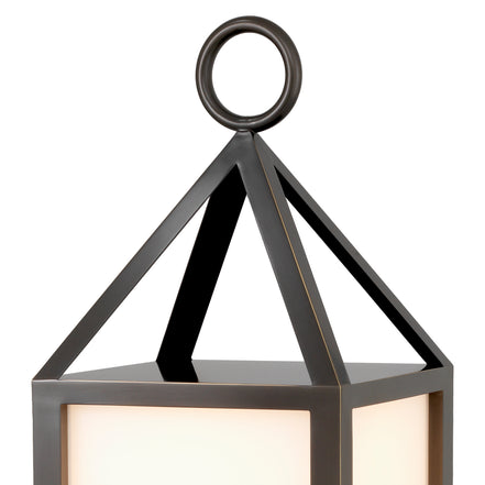Lampă de masă de exterior Riserva XL, finisaj bronz cu reflexe, sticlă albă