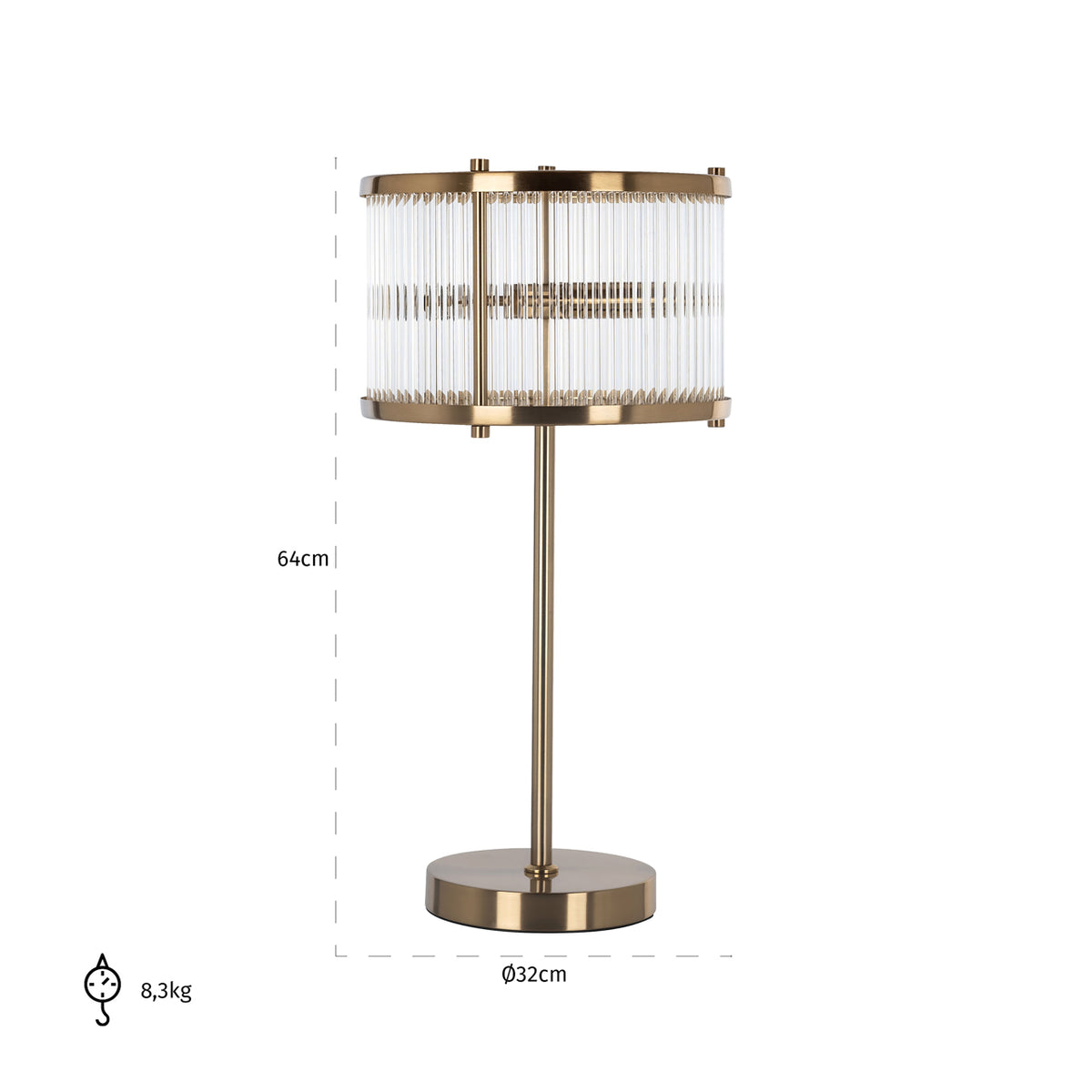 Lampă de masă Loiza, auriu periat – desen tehnic cu dimensiuni