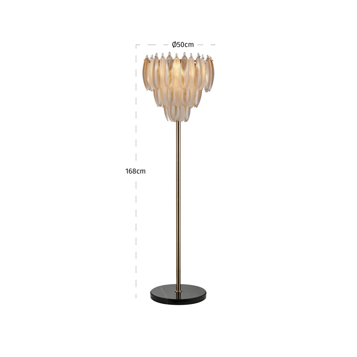 Lampă de podea Chloe, alamă antichizată – desen tehnic cu dimensiuni