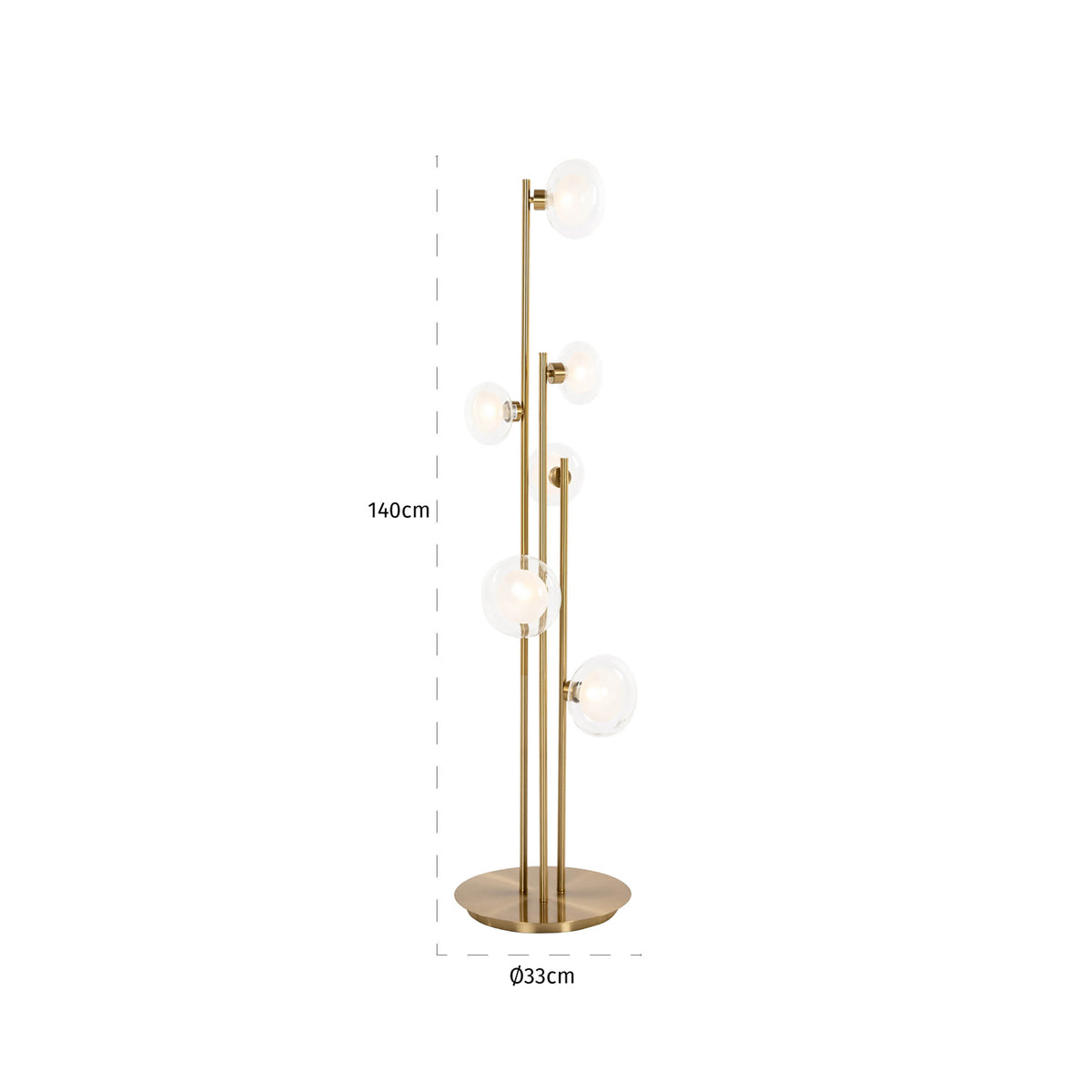 Lampă de podea Luva, auriu periat – desen tehnic cu dimensiuni