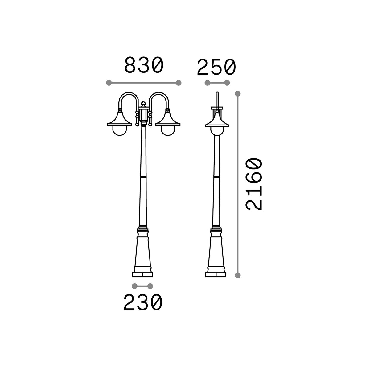 Lampadar de exterior Cima PT2, cafeniu – desen tehnic cu dimensiuni