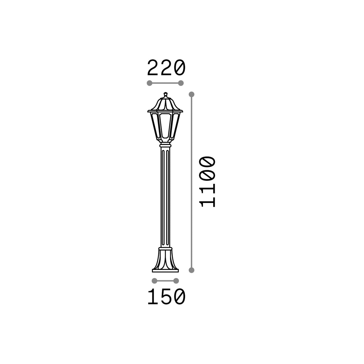 Lampadar de exterior Dafne PT1, negru – desen tehnic cu dimensiuni