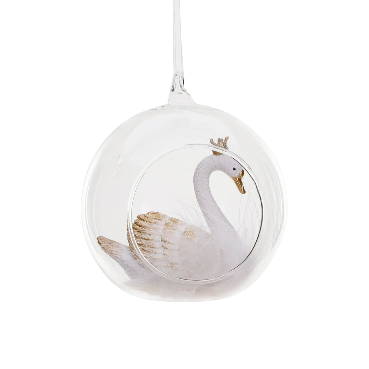 Lebădă din sticlă într-un glob deschis, alb/transparent, 11 cm