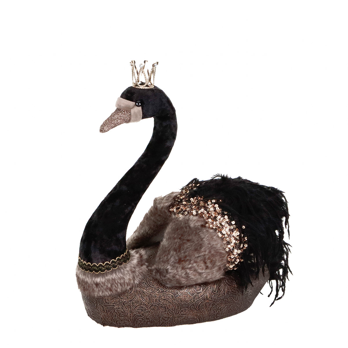 Lebădă din textil și pene în spirală, negru/maro, 38 cm