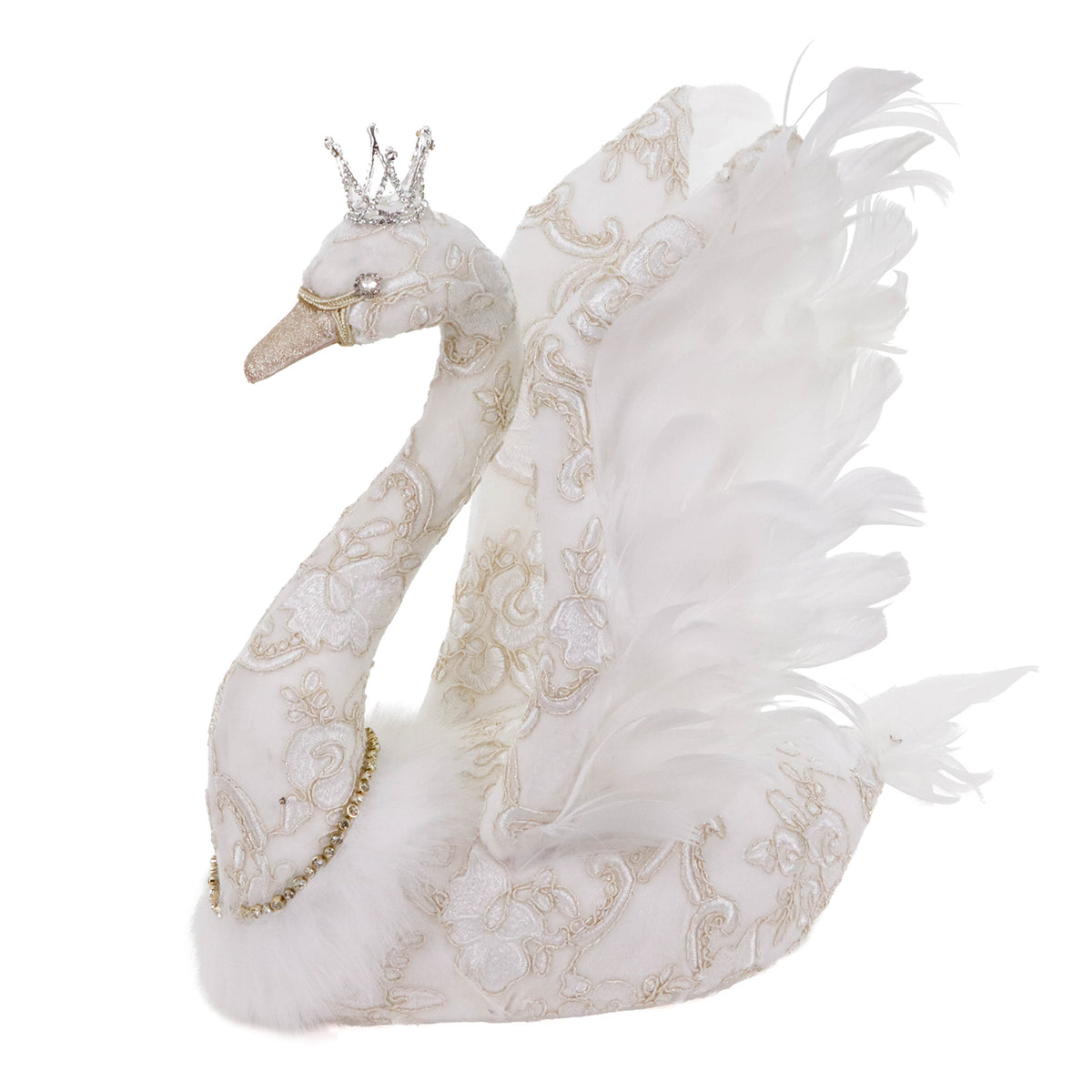 Lebădă regală din brocart și pene, crem/auriu, 38 cm