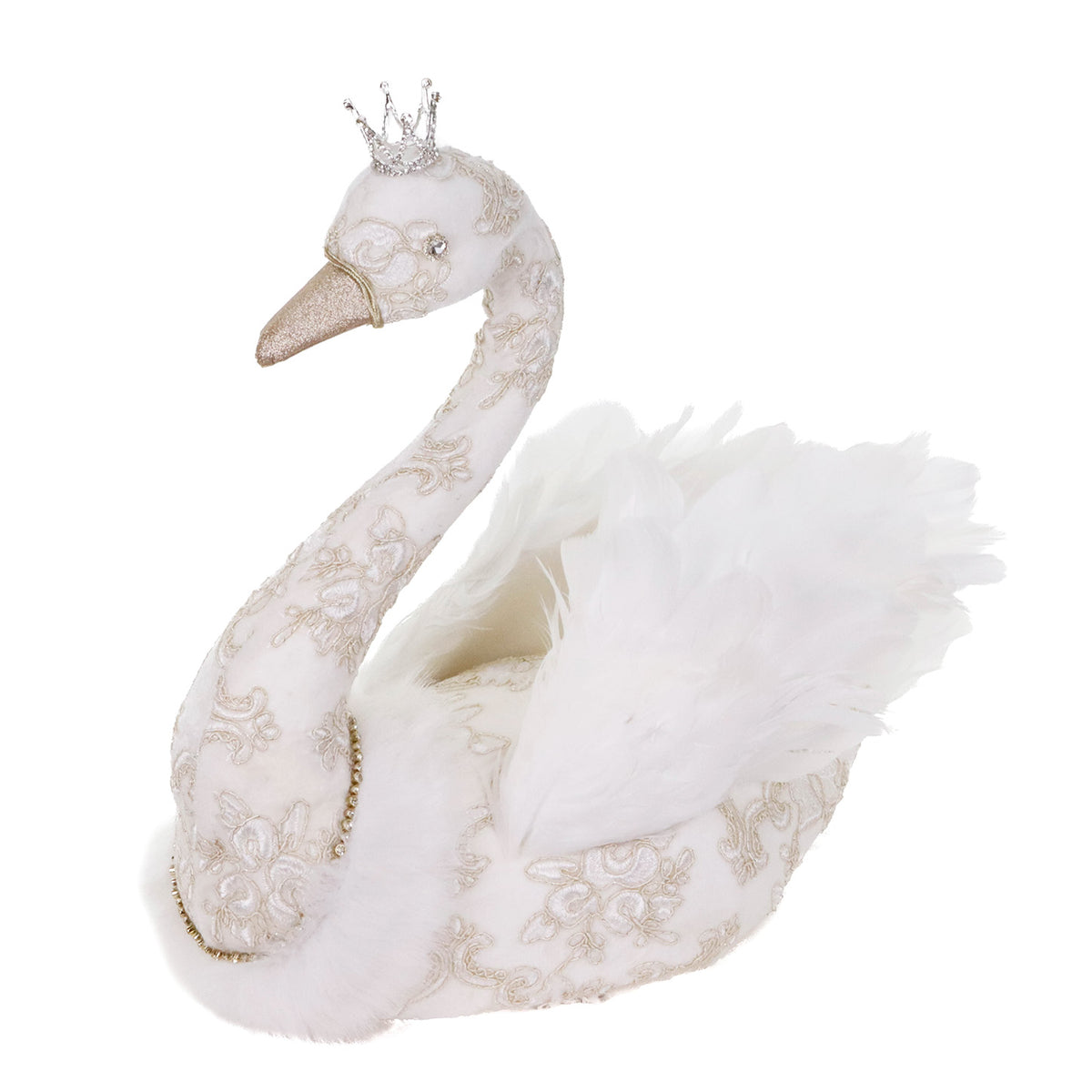 Lebădă regală din brocart și pene, crem/auriu, 53 cm