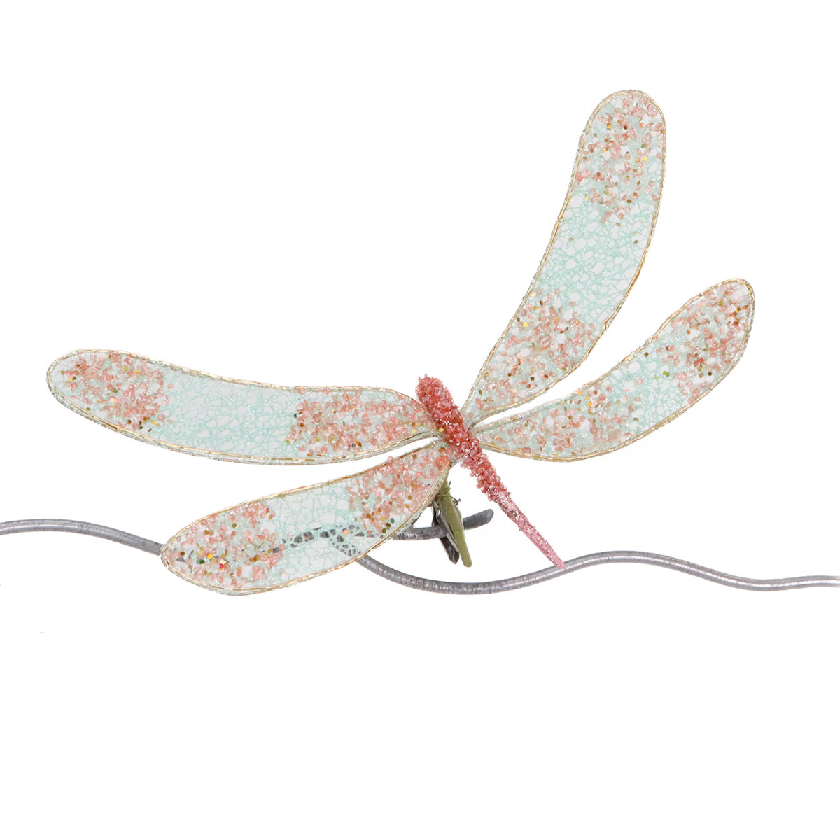 Libelulă cu sclipici, pe clemă, verde/cupru, 31 cm