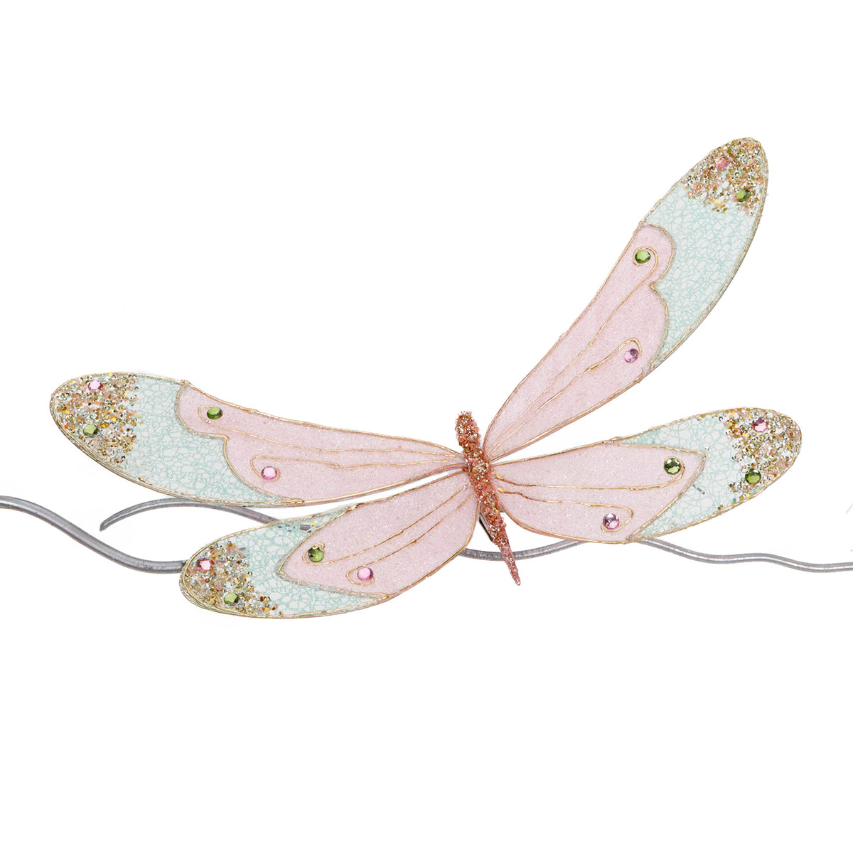 Libelulă display cu sclipici, pe clemă, roz/verde/cupru, 41 cm