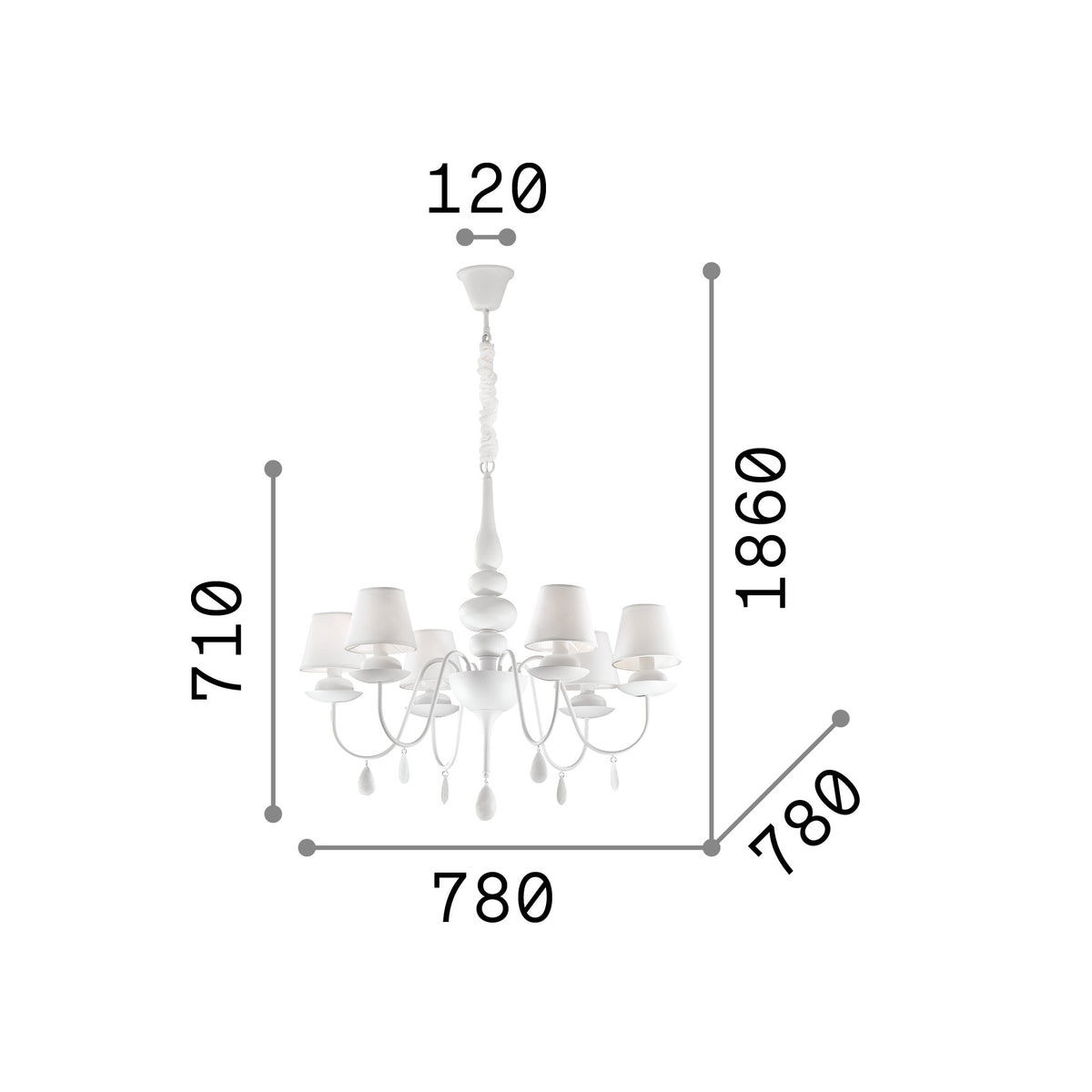 Lustră pendul Blanche SP6, alb – desen tehnic cu dimensiuni