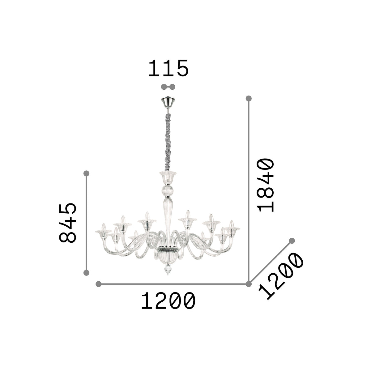 Lustră pendul Brigitta SP12, chihlimbar – desen tehnic cu dimensiuni
