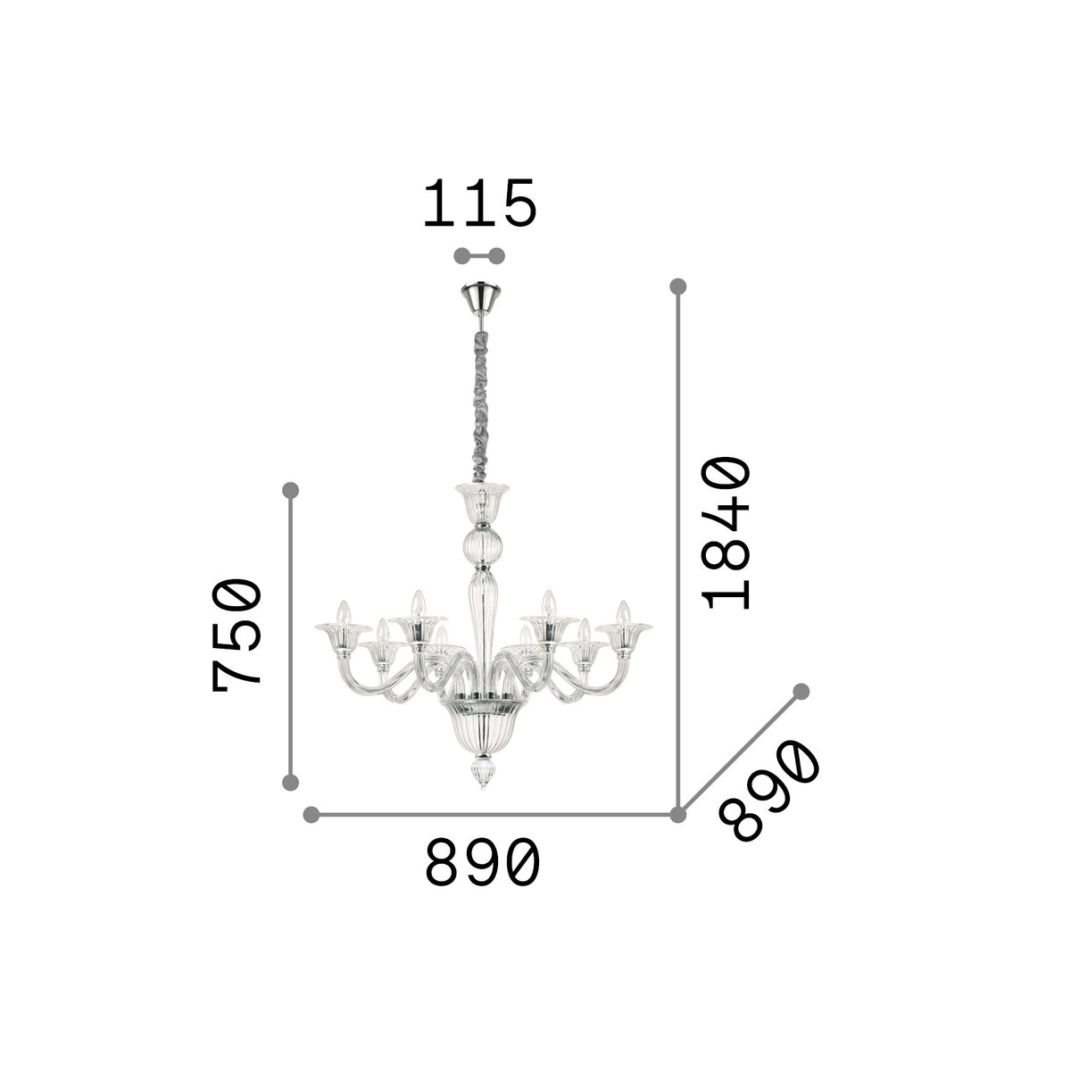 Lustră pendul Brigitta SP8, transparent – desen tehnic cu dimensiuni
