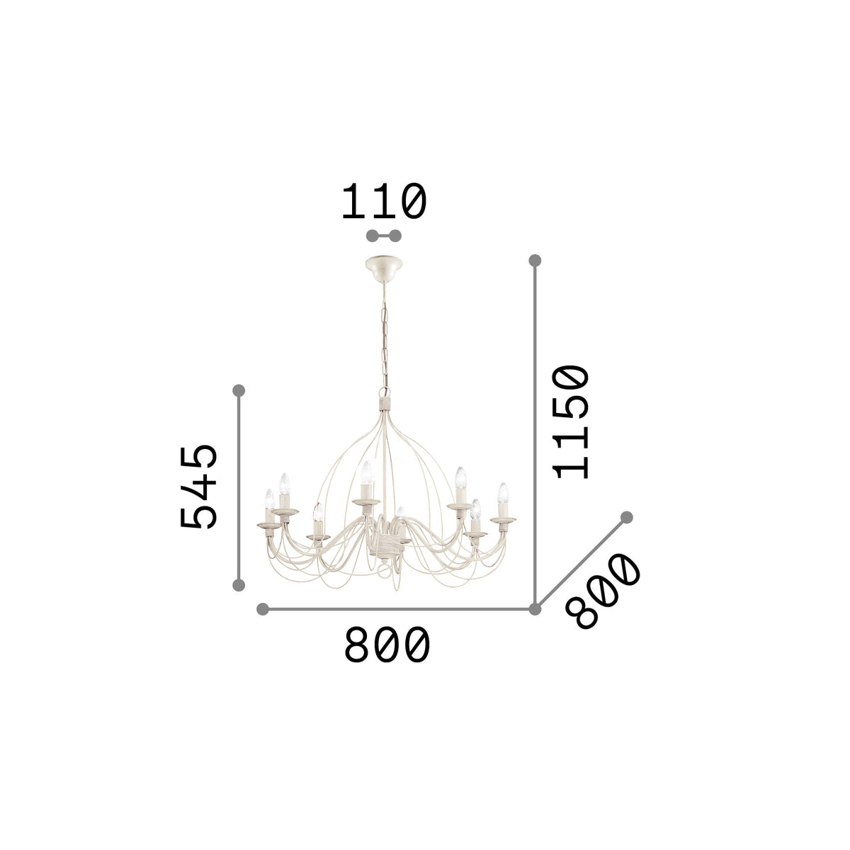 Lustră pendul Corte SP8, alb – desen tehnic cu dimensiuni