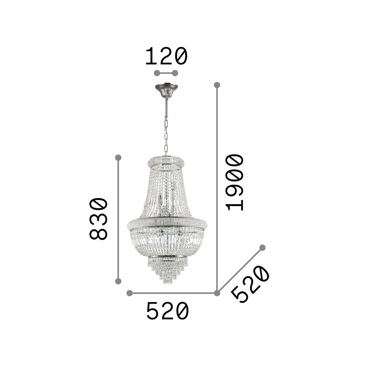 Lustră pendul Dubai SP10, alamă – desen tehnic cu dimensiuni