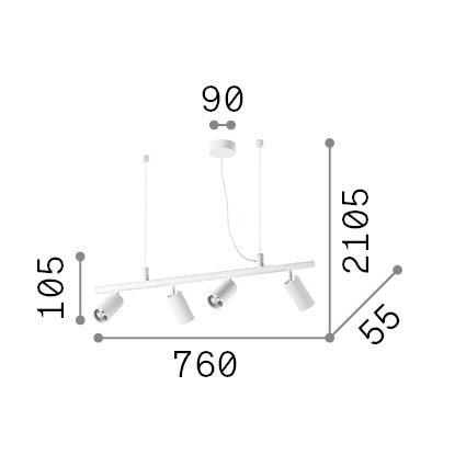 Lustră pendul Dynamite SP4 rotund, alb – desen tehnic cu dimensiuni
